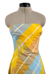 Beautiful Late 1980s Pierre Balmain Pastel Blue & Yellow Feather Light Strapless Silk Dress w Full Skirt