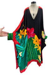Fabulous 1980s Pauline Trigere Scarf Weight Silk Huge & Brillaint Coloured Floral Printed Caftan Dress