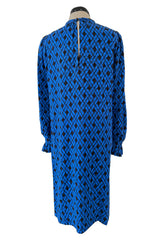 Divine Fall 1979 Yves Saint Laurent True Haute Couture Blue Silk Harlequin Print Dress w Ruffled Cuffs