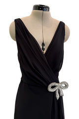 Beautiful 2000s Valentino Roma Black Bias Cut Silk Chiffon Dress w Front & Back Plunge & Silver Sequin Bow