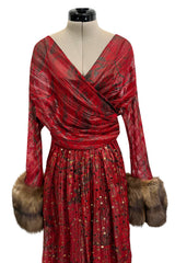 Incredible Fall 1979 Bill Blass Couture Red Silk Chiffon Dress w Gold Sequins & Mink Cuffs