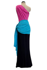 Iconic Spring 1985 Yves Saint Laurent Runway Pink & Black One Shoulder Dress w Blue Swag