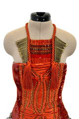 Iconic Spring 2011 Gucci by Frida Giannini Runway Look 41 Burnt Orange Silk Cord, Brass & Feather Dress