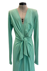 Iconic Spring 1985 Yves Saint Laurent Haute Couture Runway Pale Green Silk Dress w Front Plunge & Tie