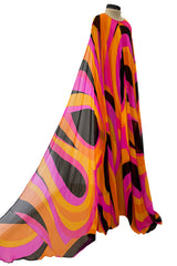Spectacular c.1972 La Mendola Brilliant Pink, Orange, Tangerine & Black Silk Chiffon Caftan w Floor Length Cape Sleeves Sleeves