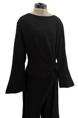 Minimalist Vintage Thierry Mugler Black Wide Legged Jumpsuit w Wrapped Front Detail & Flared Sleeves