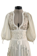 Rare 1969-75 Thea Porter Couture Embroidered Silk Organza & Gold Metallic Dress w Balloon Sleeves