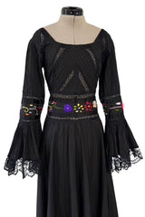 Beautiful 1960s Original Mexican Tourist Black Pin Tuck Dress w Hand Embroidered Flowers