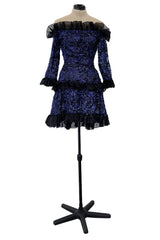 Fall 1987 Yves Saint Laurent Runway Off Shoulder Dress w Metallic Thread & Ruffled Detailing