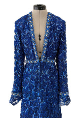 Documented 1970 Oscar de la Renta Brilliant Blue Sequin & Rhinestone Plunge Dress