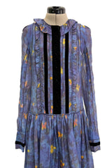 Prettiest 2000s Rochas by Olivier Theyskens Blue Silk Floral Watercolour Dress w Ruffles & Velvet Trim