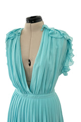 Prettiest Resort 2013 Gucci by Frida Giannini Runway Look 12 Turquoise Plunge Silk Chiffon Ruffle Dress