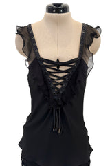 Spectacular Spring 2003 Christian Dior by John Galliano Bias Cut Black Silk Chiffon Lace Up Skirt & Top Set