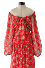 Dreamy Spring 1977 Givenchy Well Documented Off-Shoulder Floral Print Silk ChiffonDress