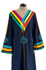 Colourful 1960s Josefa Deep Blue Cotton Caftan Dress w Multi Coloured Ribbns & Hand Embroidery