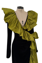 Amazing Fall 1984 Yves Saint Laurent Runway Black Velvet Wrap Dress w Olive Silk Taffeta Ruffles