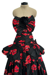 Specatacualr circa 1995 Nina Ricci Demi-Couture Strapless Floral Silk Taffeta Dress w Bow Detailing
