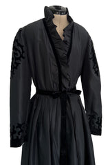 Early 1980s Louis Feraud Black Silk Tafetta Dress w Puff Shoulder Sleeves & Velvet Detailing