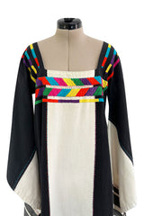 1960s Josefa Hand Embroidered Natural Linen & Black Caftan Dress W Incredible Sleeves