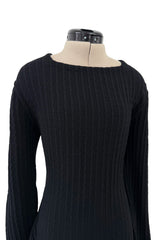 Fantastic 1990s Azzedine Alaia Ribed Black Knit Mini Dress w Flared Skirt & Inner Boy Shorts