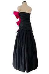 Fall 1982 Arnold Scaasi Couture Runway Black Silk Strapless Dress w Pink Ruffle
