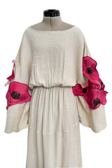Gorgeous 1970s Unlabeled Raw Natural Cotton Dress w Huge Pink Floral Appliques