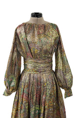 Gorgeous 1960s Unlabeled Gold Lurex Metallic Dress w Floral Print & Full Sleeves