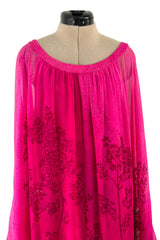 Dreamy 1970s Hanae Mori Pink Layered Bias Cut Silk Chiffon Caftan Dress w Floral Print