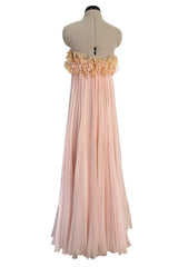 Prettiest 1960s Unlabeled Pale Pink Strapless Dress w Silk Chiffon & Flower Detailed Bodice