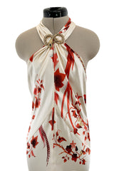 Spectacular Spring 2007 Roberto Cavalli Ivory & Coral Print Bias Cut Silk Dress w Twisted Halter Front & Low Back