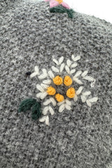Wonderful 1980s Moser Deep Grey Colour Hand Knit Cardigan Sweater w Floral Details & Metal Buttons