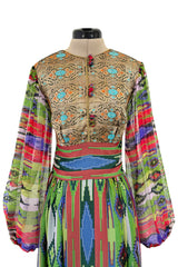Exceptional Early 1970s Thea Porter Book Documented Faye Dress in Ikat SIlk Chiffon & Brocade