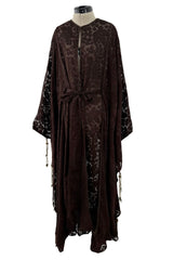 Rare 1960s Thea Porter Couture Brown Silk Open Caftan w Belt & Gold Tassles