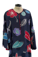 Easy-to-Wear 1980s Hanae Mori Printed Leaf & Flower Blue Silk Caftan Dress w Wide Sleeves