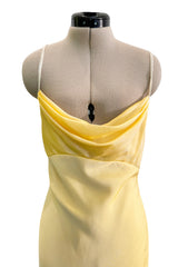 Prettiest 1980s Bob Mackie Pale Pastel Yellow Chiffon Dress w Draped Neckline & Flowing Skirt