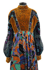 Spectacular 1970s Ronald Amey Demi-Couture Printed Silk, Silk Chiffon & Cut Velvet Dress