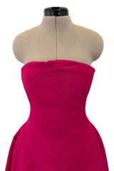 Gorgeous 1980s Oscar de la Renta Deep Fuchsia Pink Silk Strapless Silk Dress w Full Skirt
