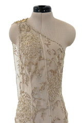 Exquisite Spring 1993 John Anthony Hand Beaded One Shoulder Dress on Pale Gold Silk Net