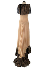 Spectacular Fall 1988 John Anthony Bias Cut Taupe Silk Chiffon Wrap Dress w Hand Made Lace Detailing