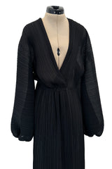 Incredible Spring 1978 Halston IV Plunged & Pleated Black Wrap Runway Dress w Balloon Sleeves
