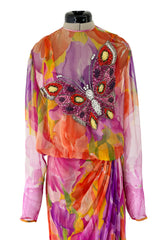 Extraordinary 1970s James Galanos Couture Floral Print Silk Chiffon Dress w Beaded Butterfly Detailing