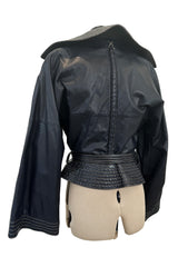 Fall 1982 Gianfranco Ferre Runway Black Blue Wrap Leather Jacket w Wide Sleeves & Huge Collar