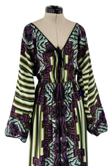 Late 1970s James Galanos Silk Chiffon Printed Jumpsuit w Wide Legs & Plunge Front