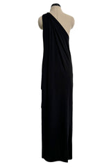 1981 Bill Tice Black One Shoulder Jersey Dress w Gold Lame Flower Detailing