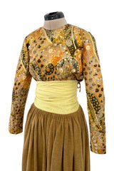 1970s Madame Gres Haute Couture Wide Leg Pant Set w Metallic Gold Part Open Tie Top