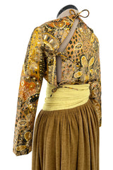 1970s Madame Gres Haute Couture Wide Leg Pant Set w Metallic Gold Part Open Tie Top