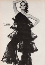 Incredible 1967 Donald Brooks Black Lace Tiered One Shoulder Jumpsuit w Wide Legs & Belt