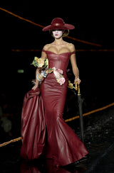 Phenomenal Fall 2000 John Galliano Deep Oxblood Silk Taffeta Corset Dress w Sweeping Skirt Panel