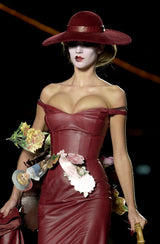 Phenomenal Fall 2000 John Galliano Deep Oxblood Silk Taffeta Corset Dress w Sweeping Skirt Panel
