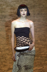 Fantastic Spring 2001 Jean Paul Gaultier Runway Multi Length Mesh Band Dress w Jersey Face Print Skirt